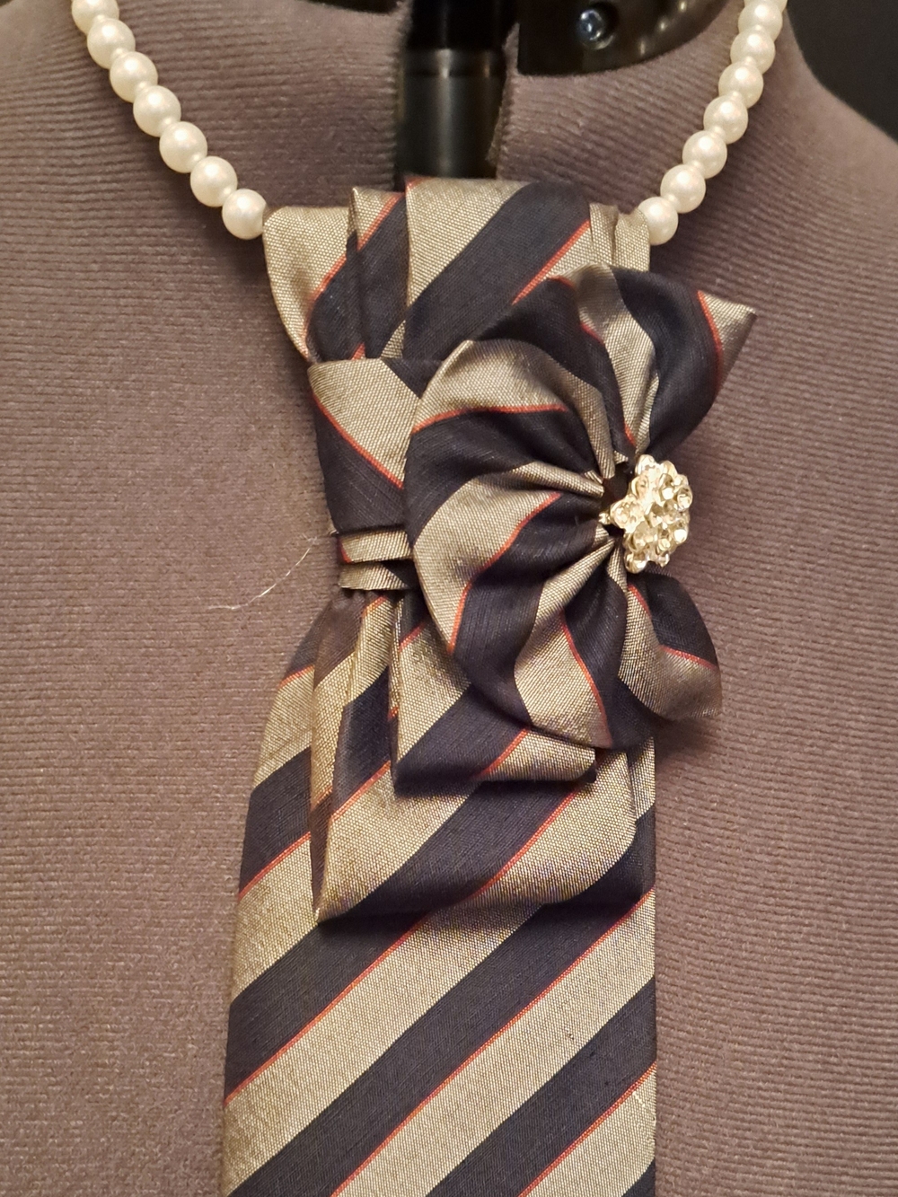 Upcycled Striped Navy/ Silver & Red Tie Necklace with Pearl Chain